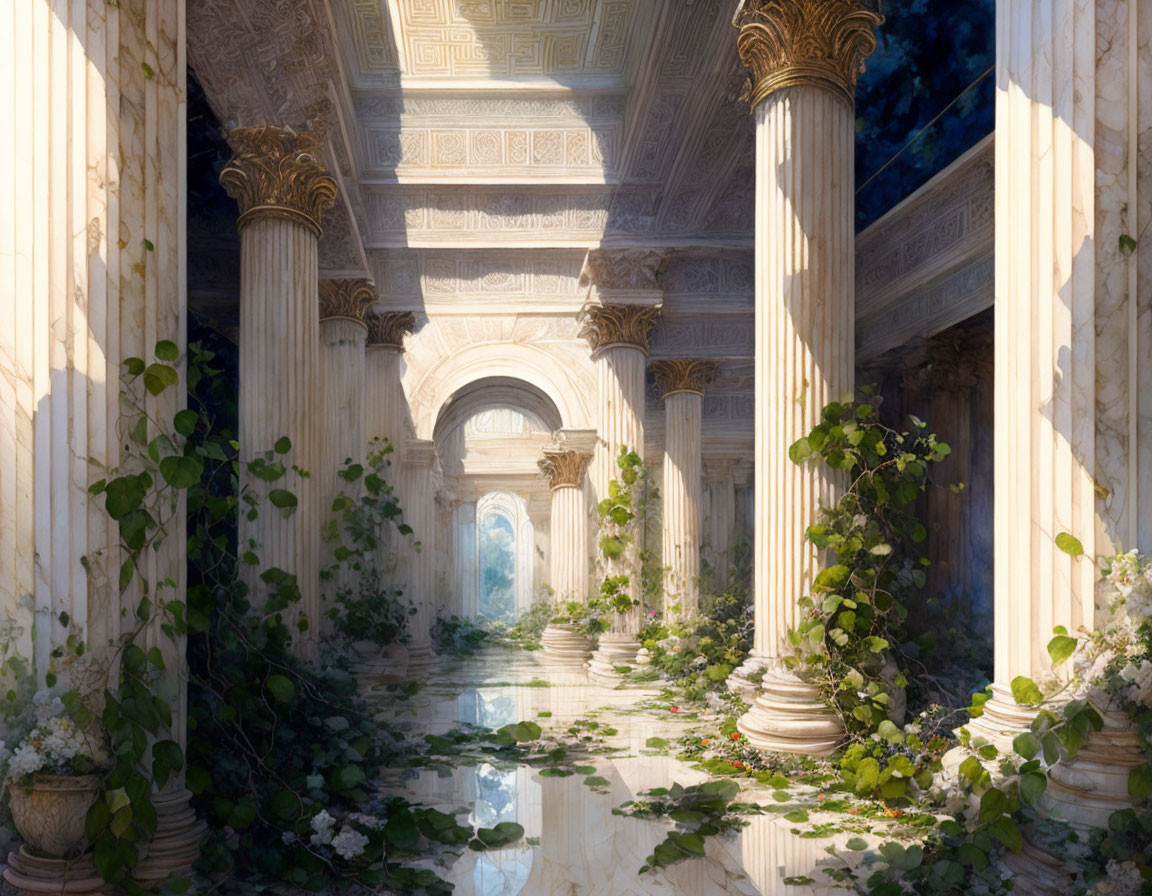 Ancient ruins with ornate columns and arches in sunlight surrounded by greenery.