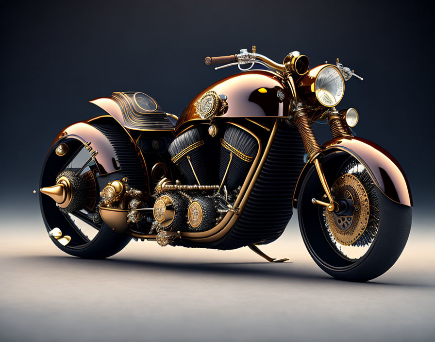 Retro-Futuristic Steampunk-Inspired Motorcycle in Gold and Black