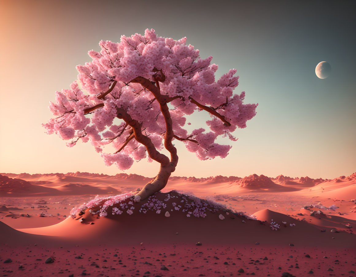 Pink cherry blossom tree on sand dune under warm sky with mountains and moon.