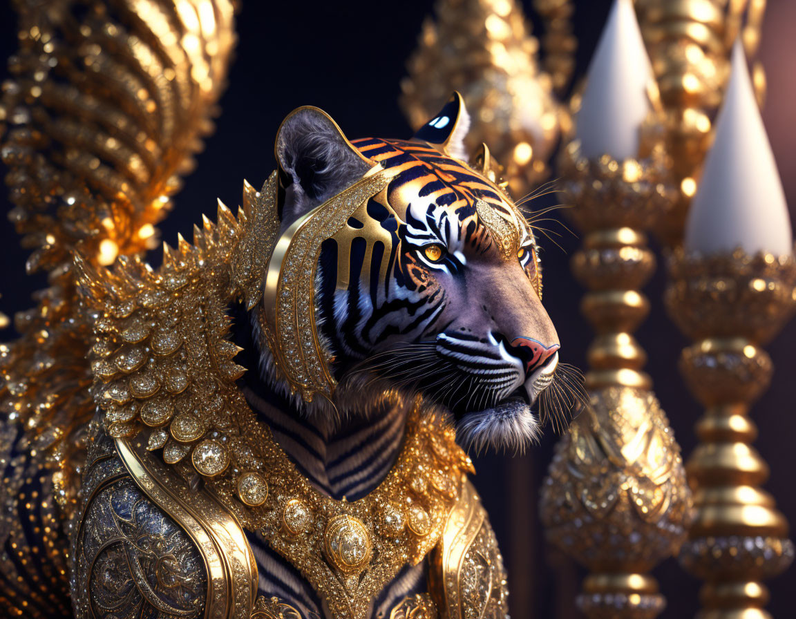 Anthropomorphic tiger in golden armor with glowing lamps on dark backdrop