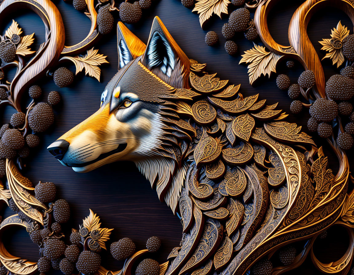Intricate Wooden Wolf Head Carving with Floral Patterns
