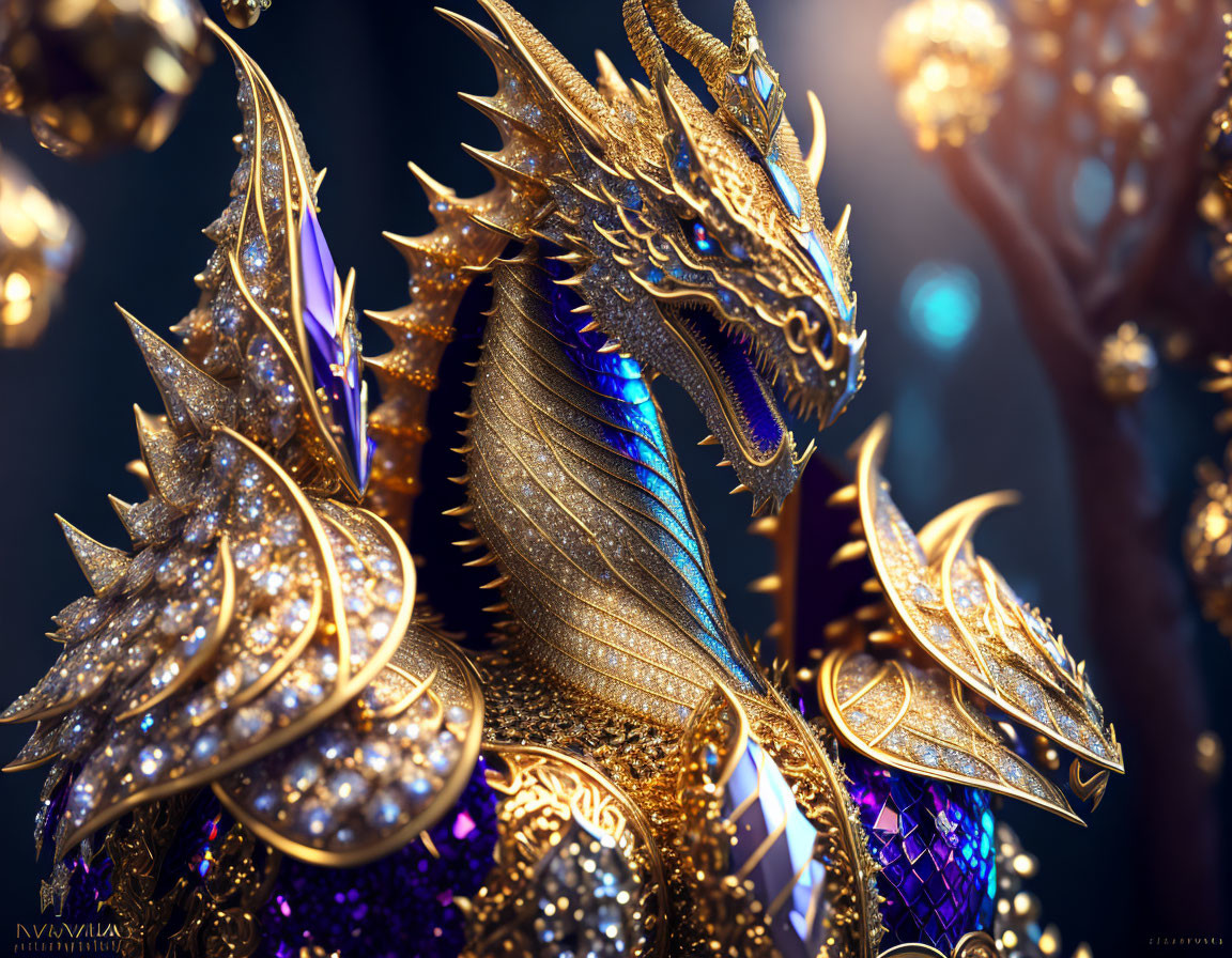 Intricate Golden Dragon with Blue Eyes and Armor on Dark Background