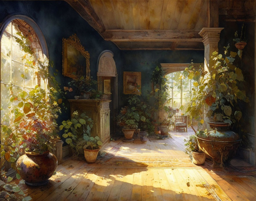Sunlit classical interior with potted plants, ivy, wooden floors, and large windows casting warm