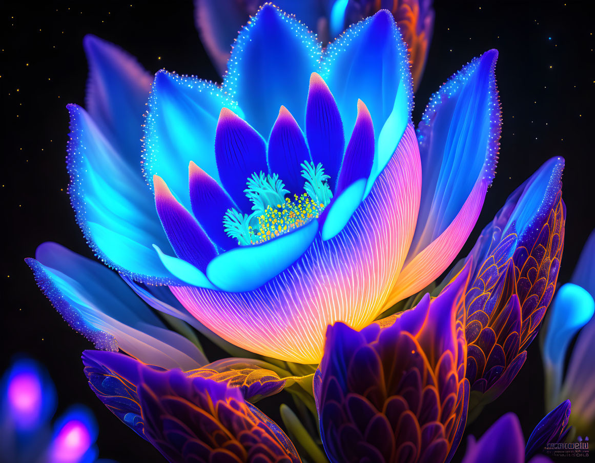 Vibrant glowing blue lotus flower digital artwork on dark starry background