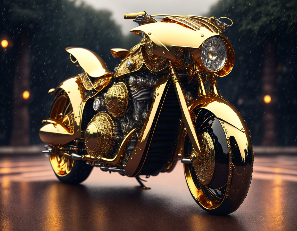 Golden motorcycle with intricate designs parked in light rain