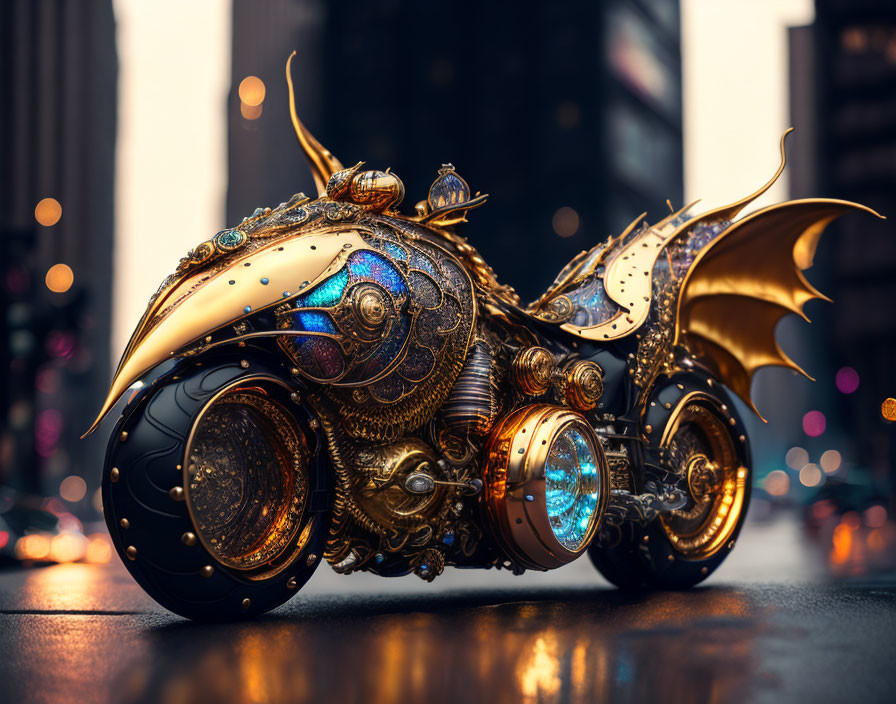 Futuristic ornate motorcycle with glowing blue elements parked in city street at dusk
