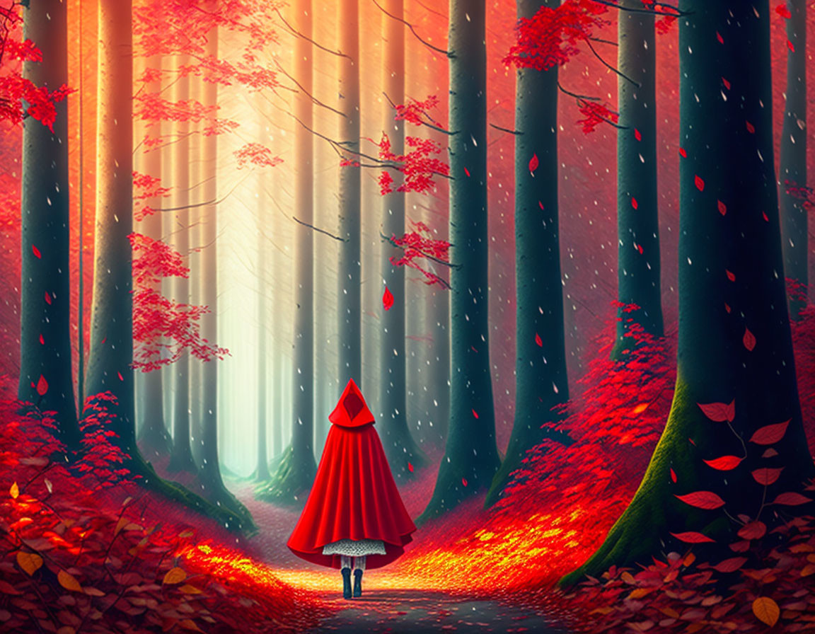 Person in Red Cloak Walking Through Mystical Forest with Sunbeams and Red Leaves