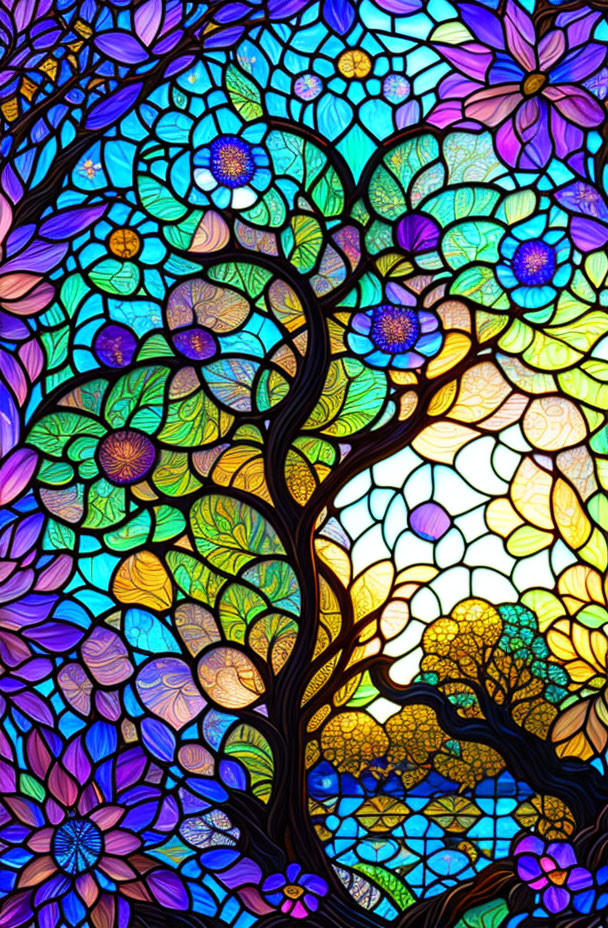 Colorful Stylized Tree & Flowers in Geometric Stained Glass