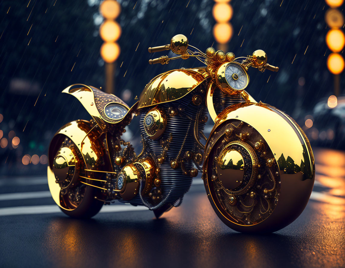 Golden Steampunk-Style Motorcycle on Wet Road with Rain and City Lights
