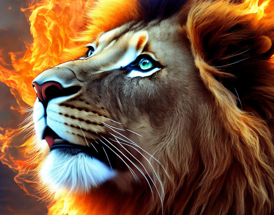 Fiery maned lion against blazing backdrop