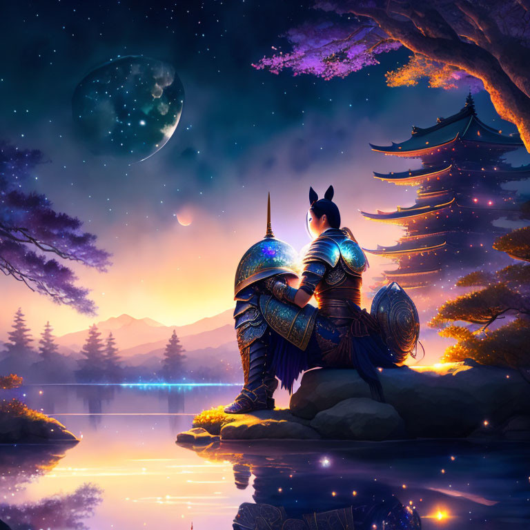 Traditional warrior in armor by serene lake under starry sky
