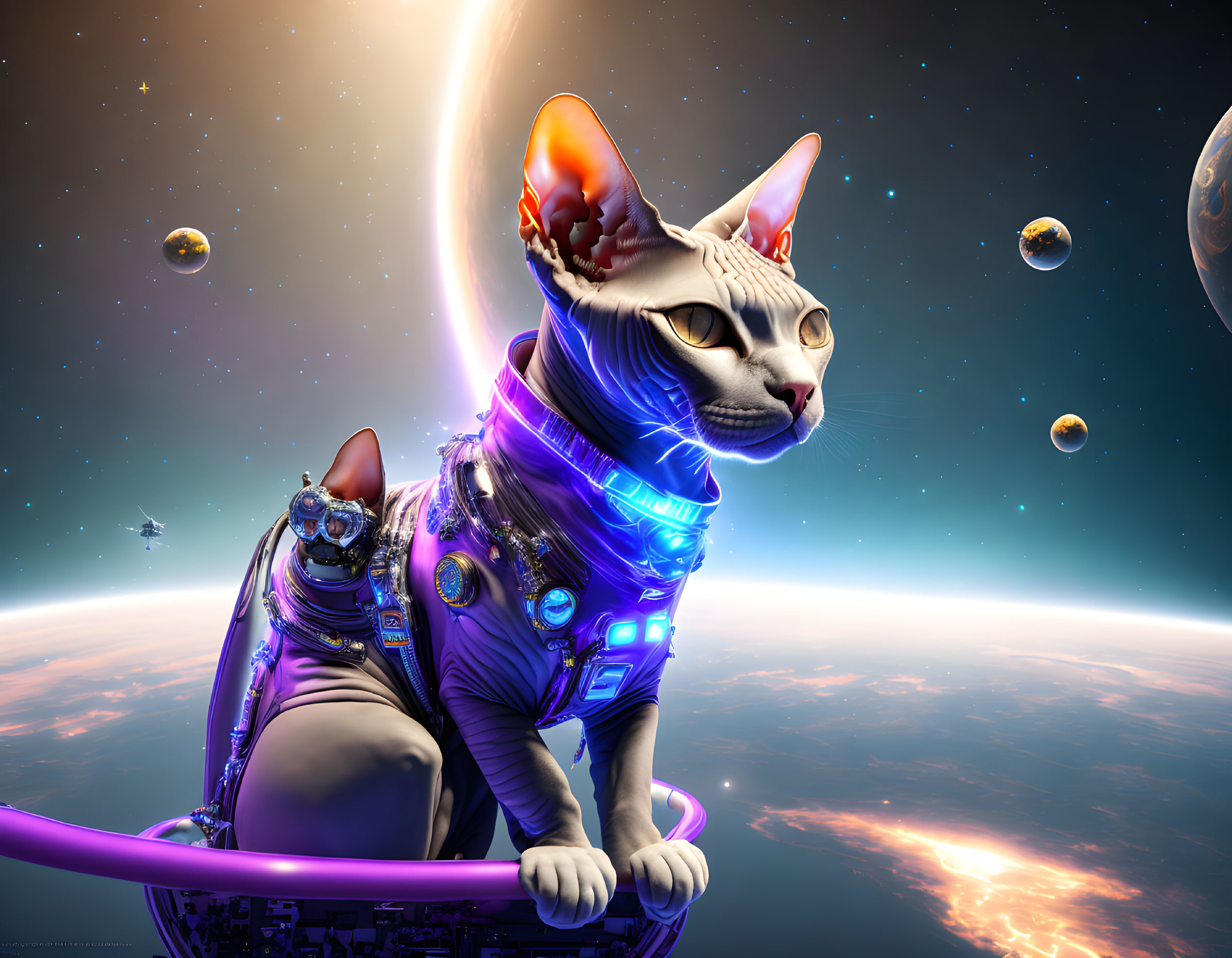 Futuristic cybernetic cat in space-hovering vessel above Earth