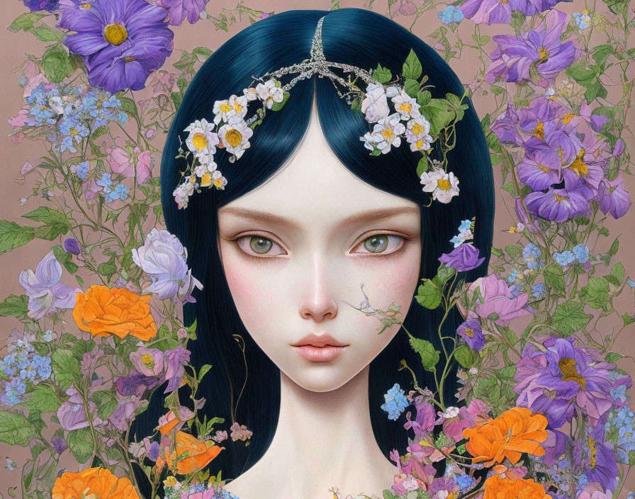 Stylized portrait of woman with green eyes, blue hair, floral headpiece, and vibrant flowers