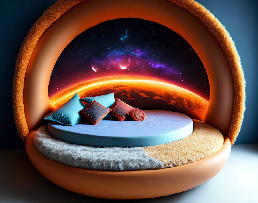 Futuristic round bed with cozy cushions under illuminated space scene.