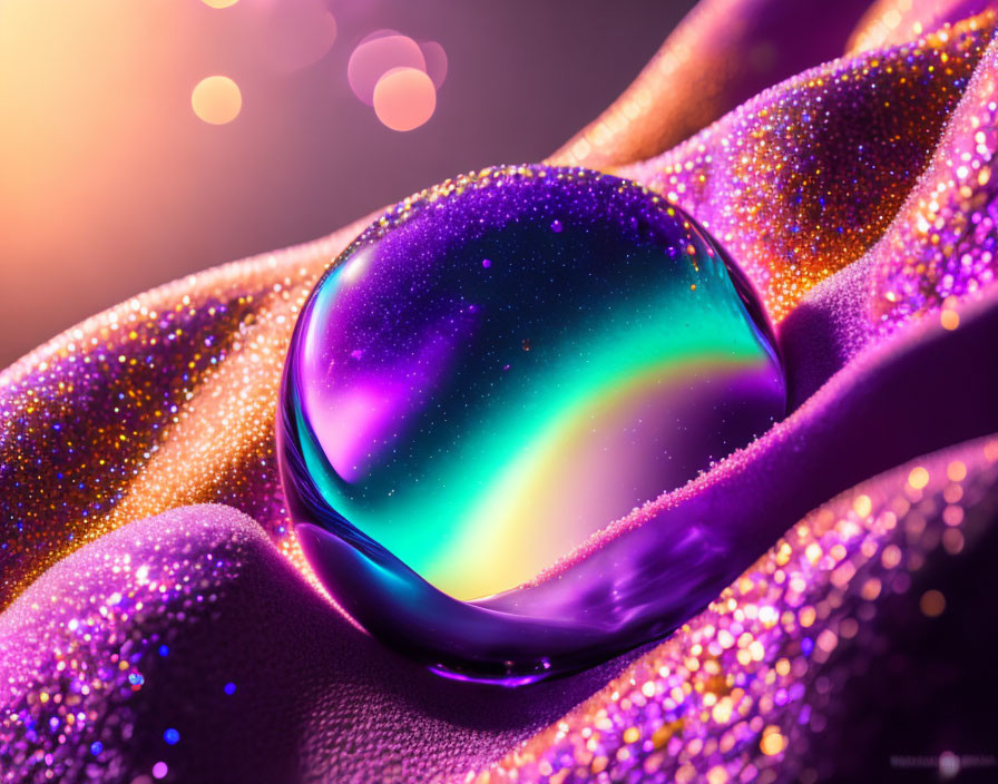 Colorful Glass Sphere on Glittering Fabric under Warm Bokeh Light