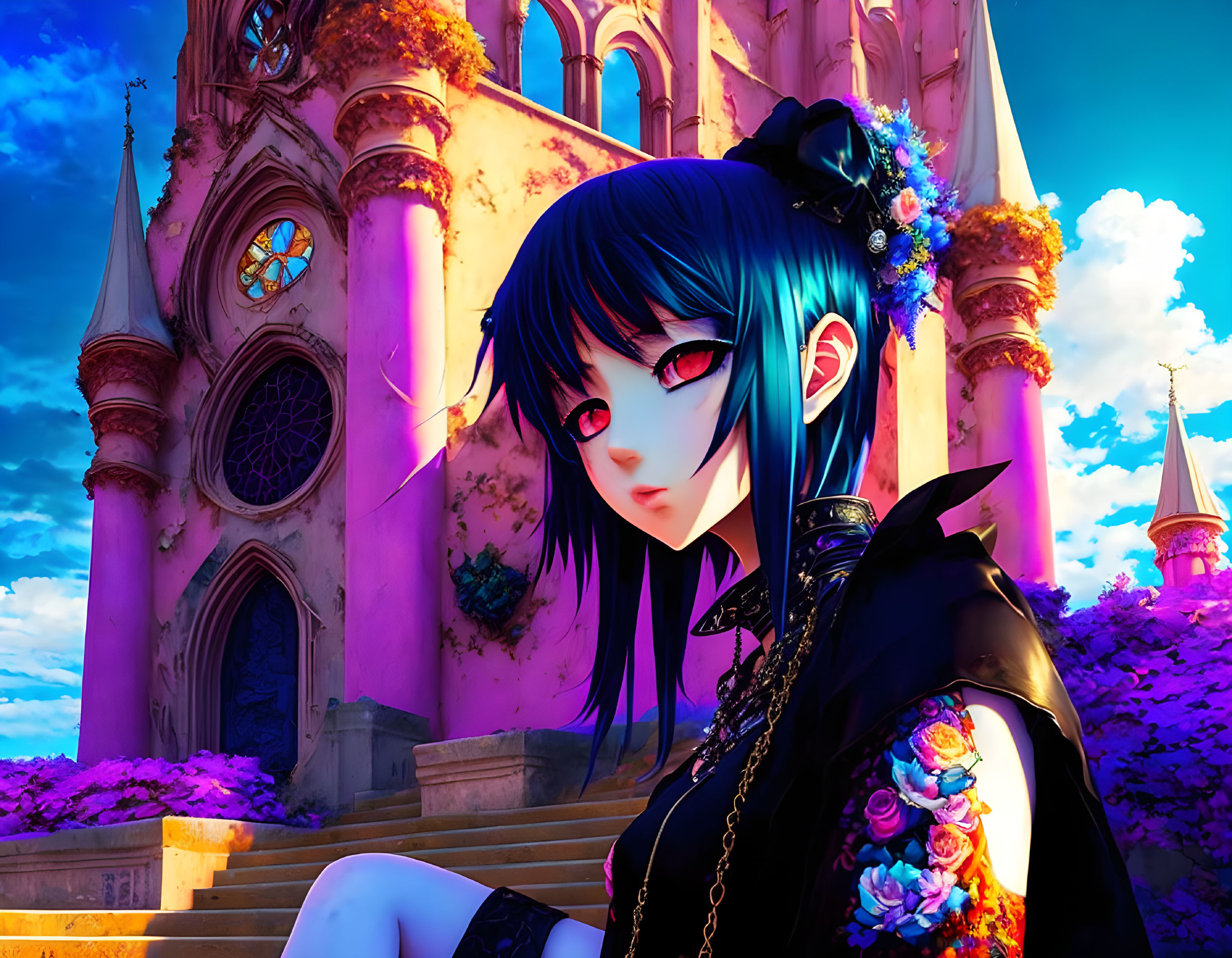 Blue-haired anime girl in gothic attire at pink cathedral steps under purple sky