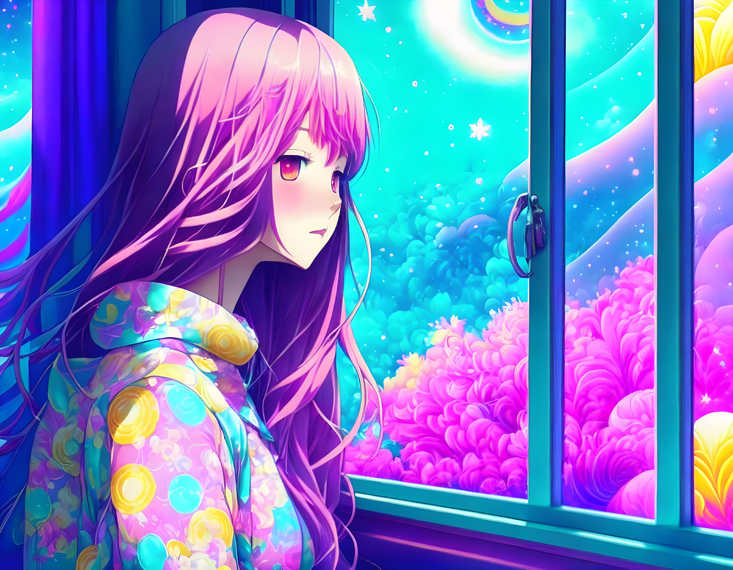 Vibrant anime girl with purple hair in fantasy nightscape