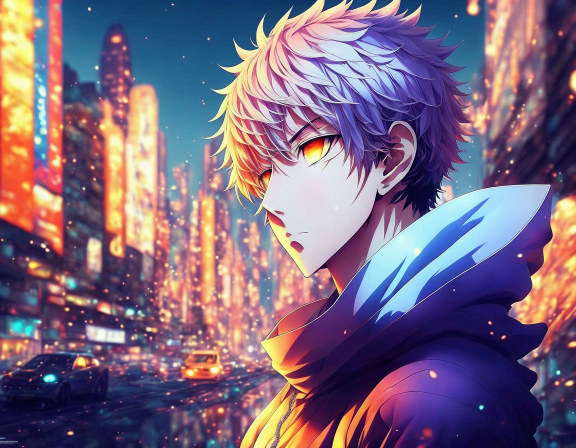 Anime character with white hair and golden eyes in vibrant cityscape at night