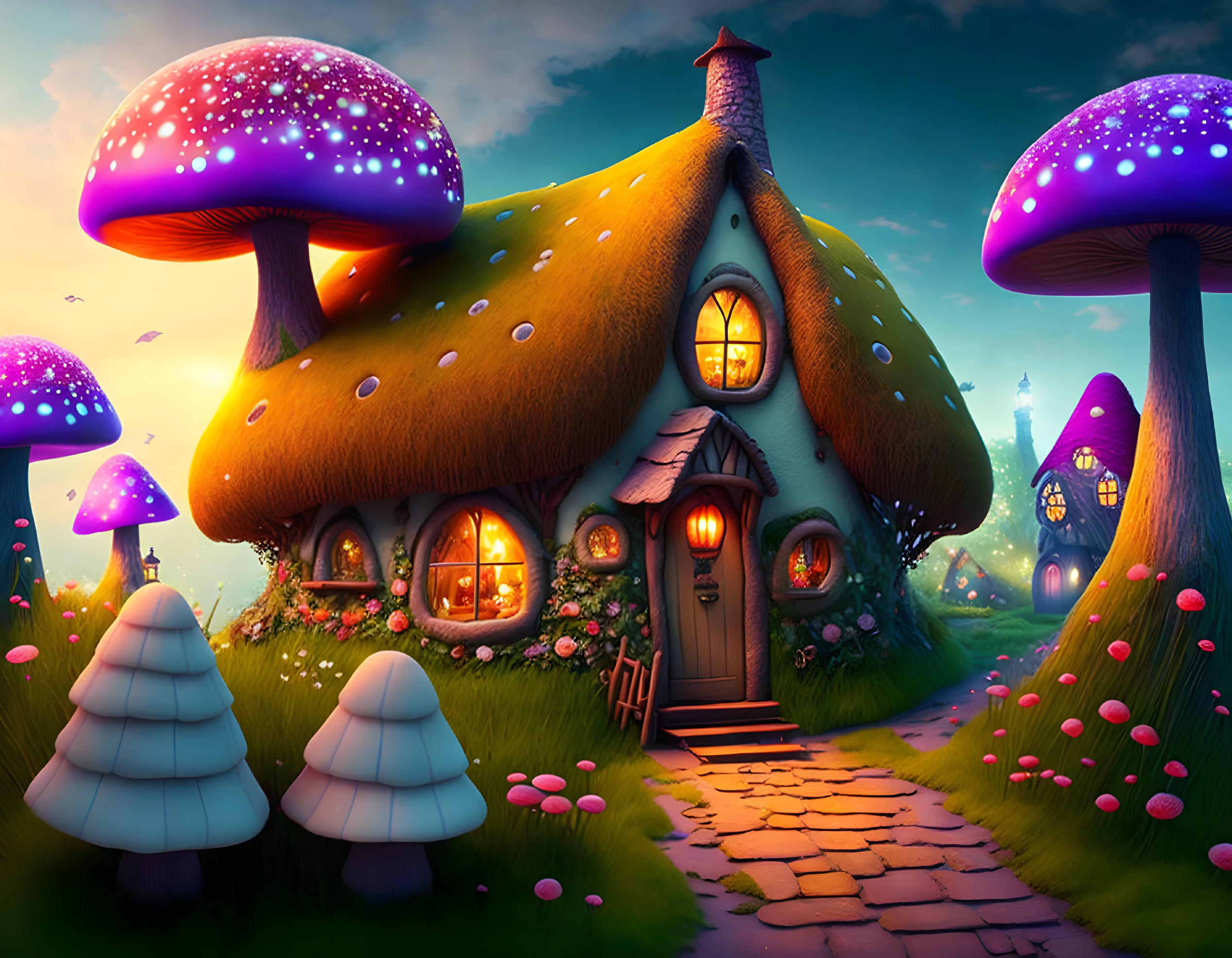 Fantasy landscape with glowing mushroom house and luminescent mushrooms at dusk