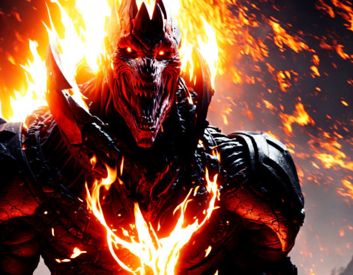 Fiery demonic creature with red face and flaming eyes in dark armor