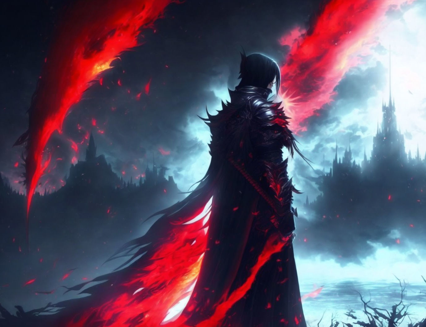 Mysterious cloaked figure in front of fiery landscape with dark castle silhouette