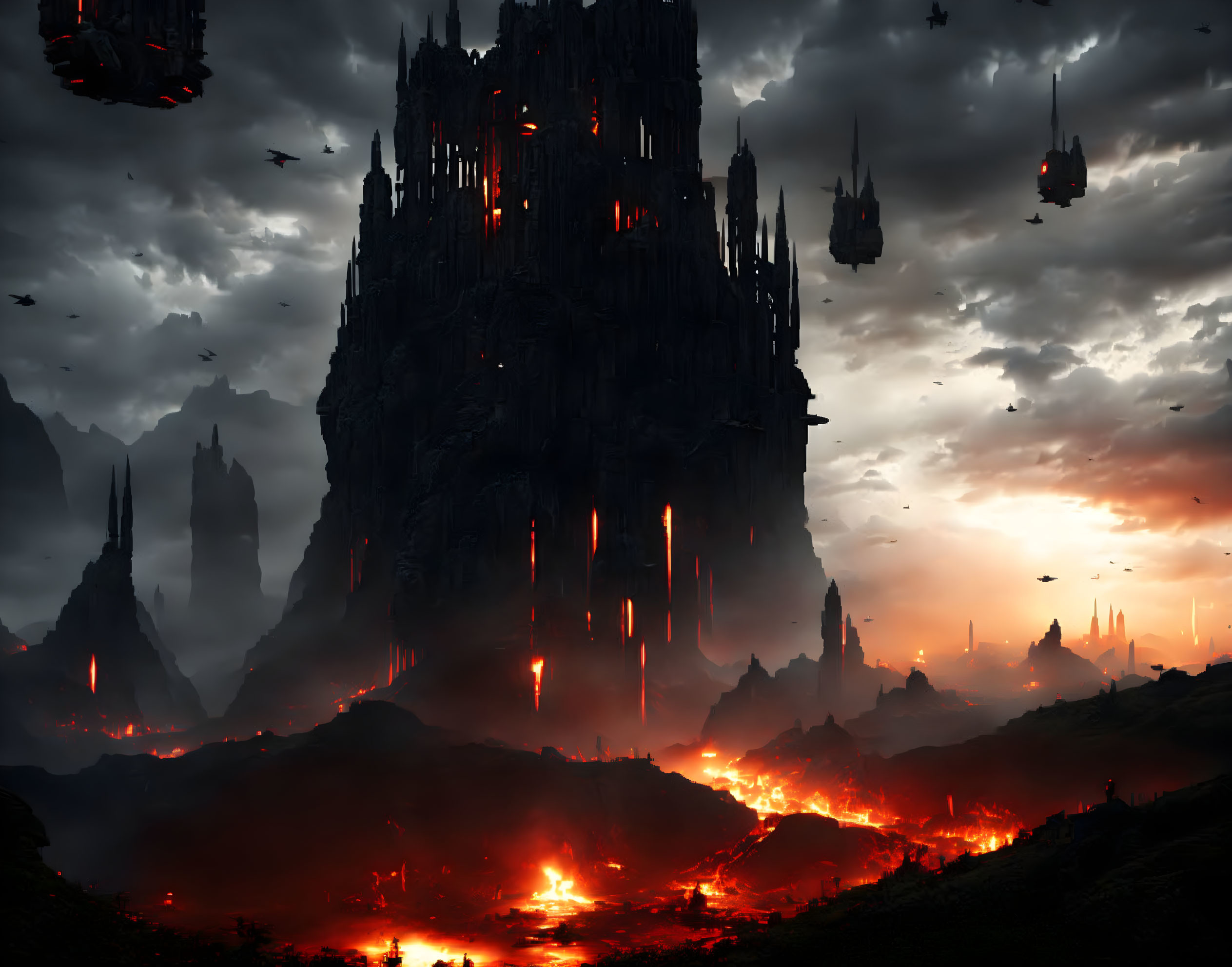 Dystopian landscape with towering castle, lava flows, floating structures