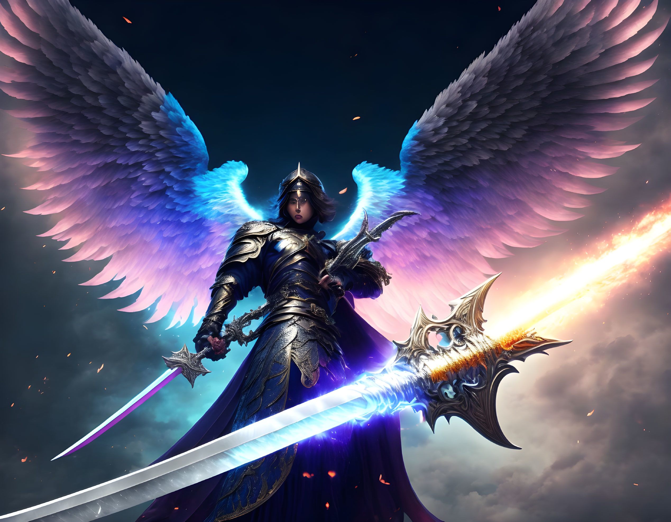 Figure in black armor with glowing sword and wings against dramatic sky.