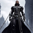 Dark armored figure in chains amidst gothic ruins.