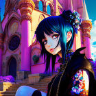 Blue-haired anime girl in gothic attire at pink cathedral steps under purple sky