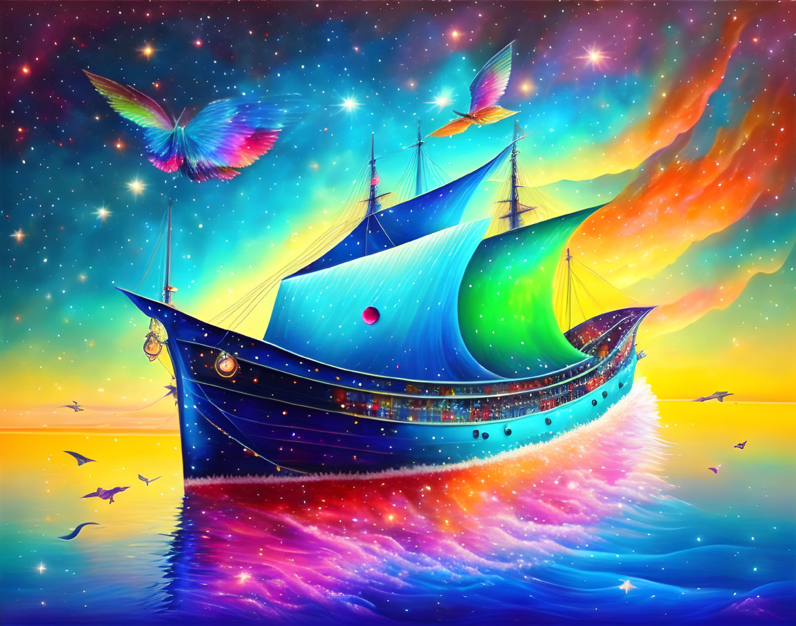 Fantastical ship with butterfly sails on multicolored sea