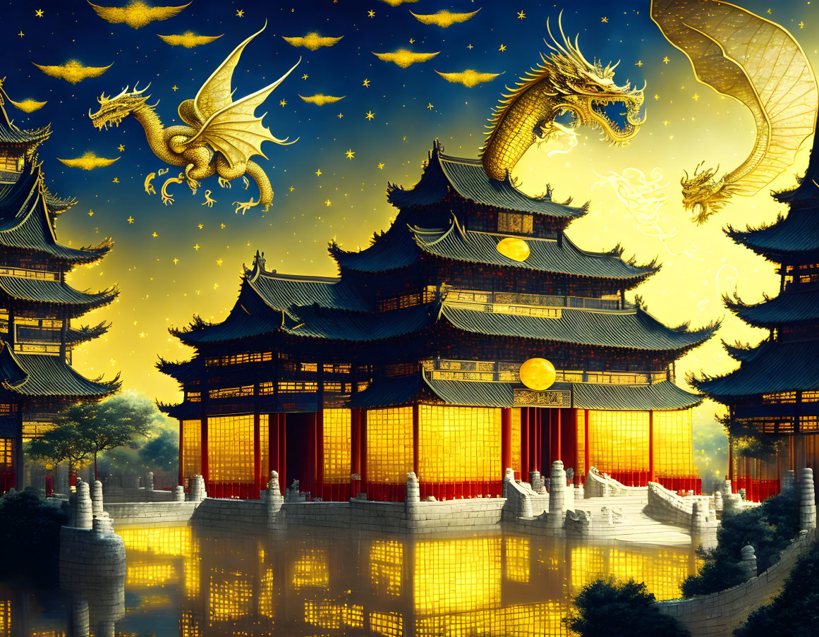 Dragons flying over Asian temple under starry sky & full moon