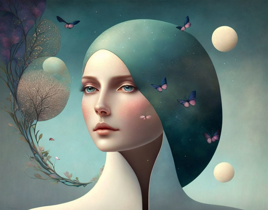 Surreal artwork: Woman with cosmic hair, butterflies, orbs, and dandelion