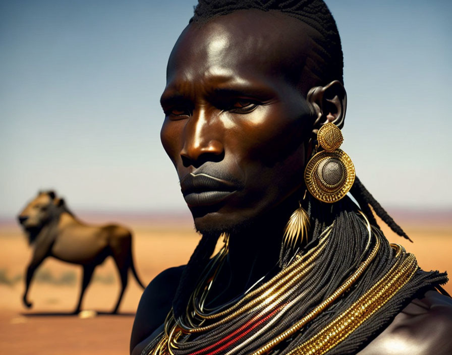 Man with elaborate jewelry gazing into the distance in barren landscape