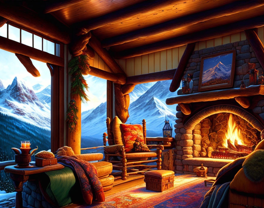 Rustic cabin interior with fireplace, wooden beams, plush furniture, and snowy mountain view