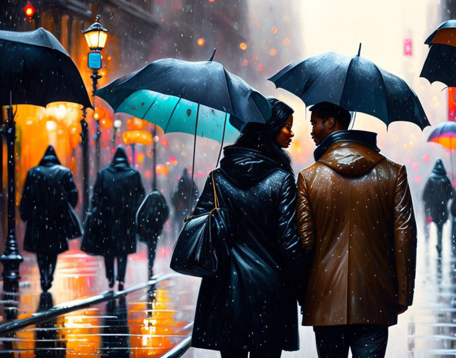 Rainy city street scene with two people holding umbrellas and glowing street lamps.