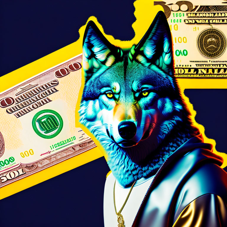 Colorful digital art: neon wolf with chain on $100 bill