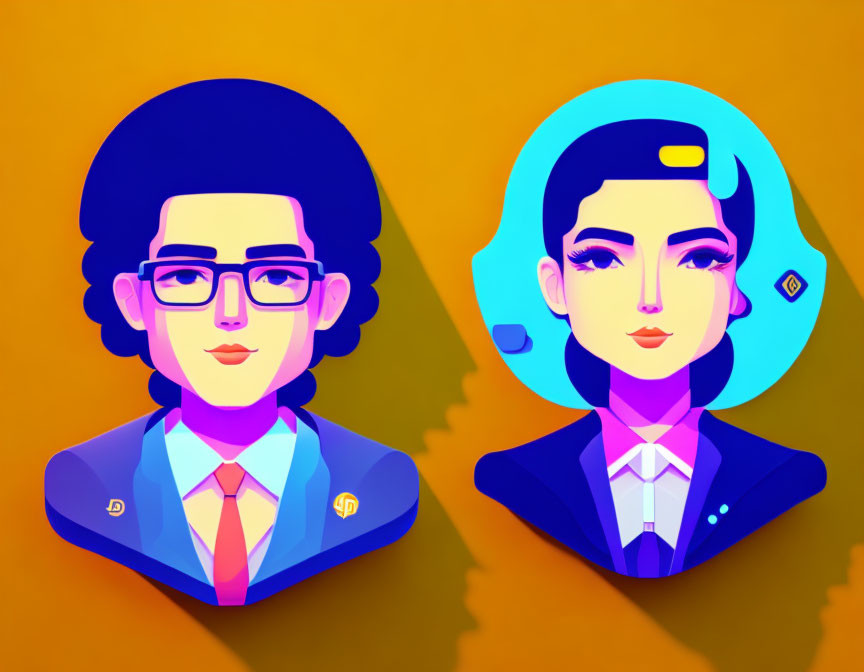 Vibrant stylized portraits of male and female characters with glasses in modern attire on split orange and