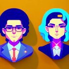 Vibrant stylized portraits of male and female characters with glasses in modern attire on split orange and