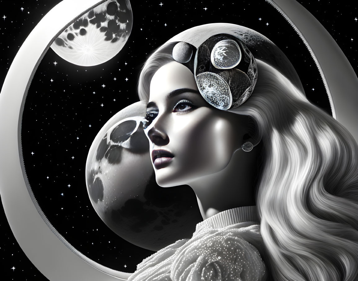 Monochromatic digital artwork of woman with moon and space themed headwear