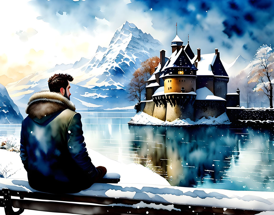Person sitting on bench overlooking snowy castle, mountains, and lake