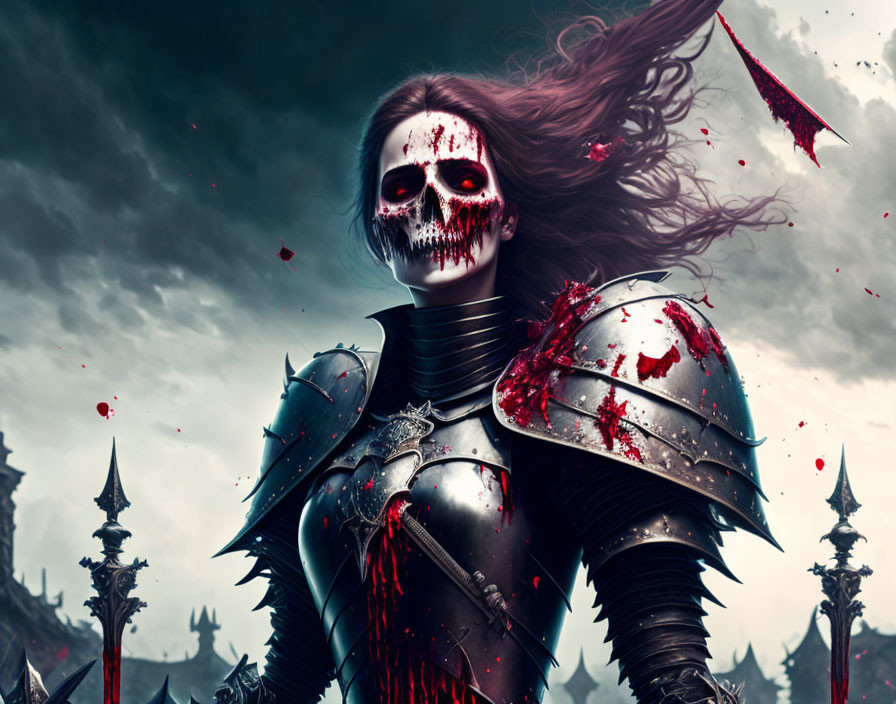 Female warrior in skull face paint with bloody sword on stormy battlefield
