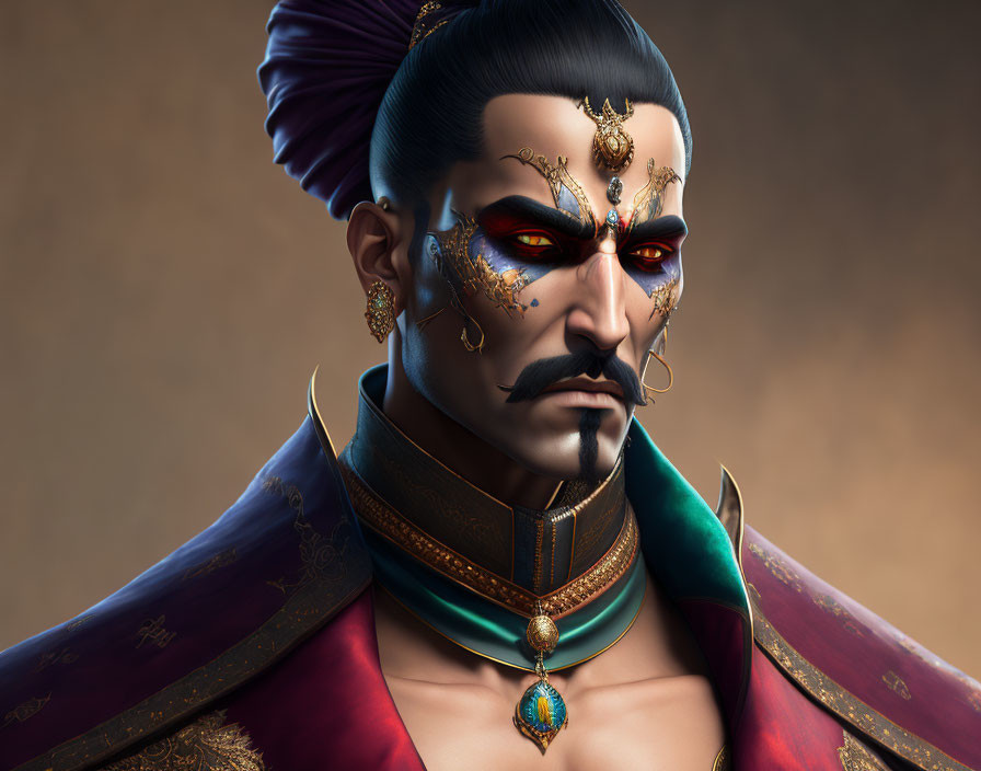 Stylized male figure with gold face adornments, purple topknot, and regal outfit
