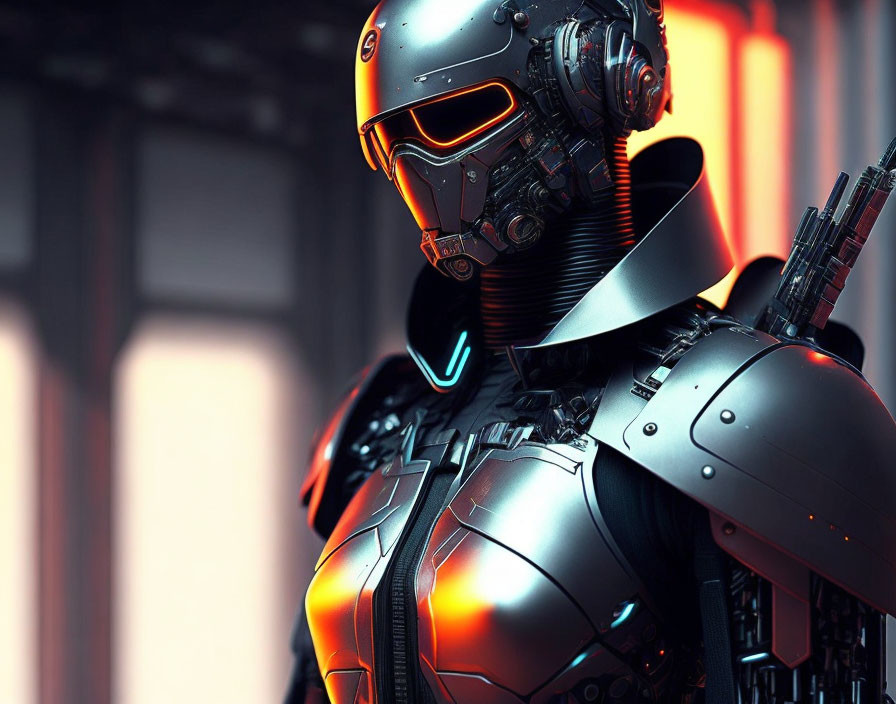 Futuristic robotic figure in metallic armor suit with glowing orange visor