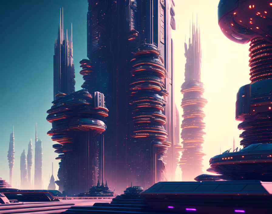 Futuristic cityscape with towering skyscrapers under pink and blue sky