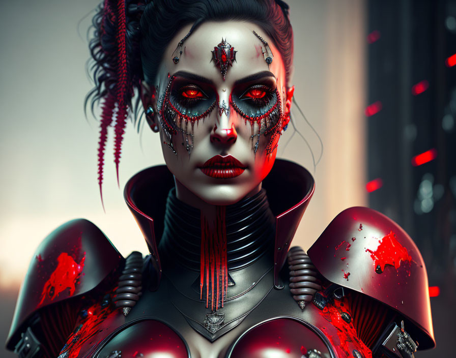 Futuristic warrior woman in red and black armor with sci-fi aesthetic
