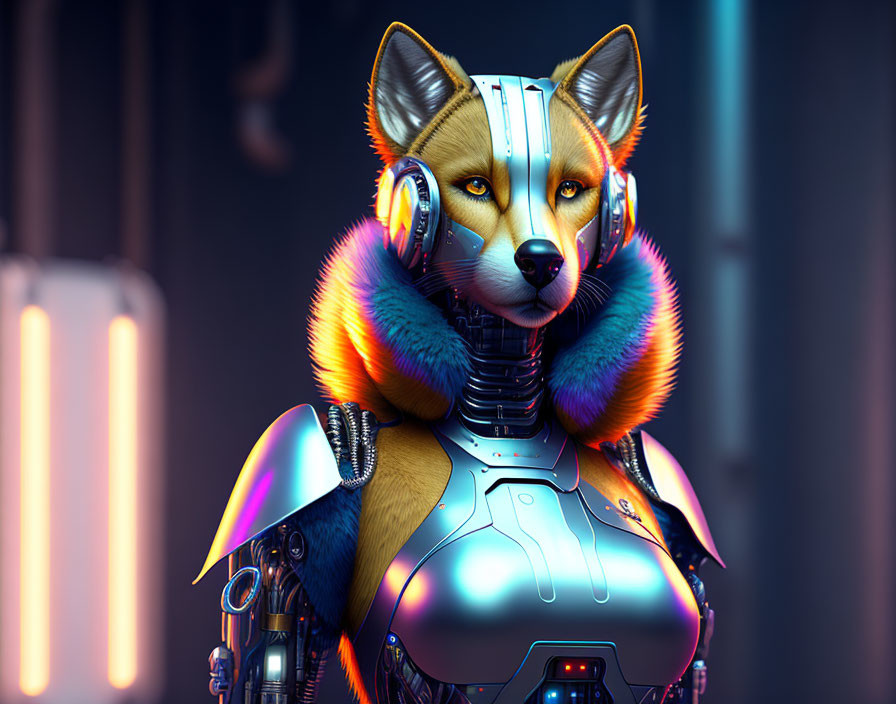 Colorful anthropomorphic fox with cybernetic elements and neon lights