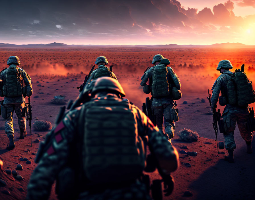 Four soldiers in combat gear walking in desert sunset