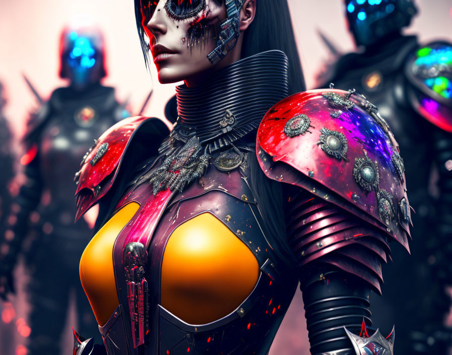 Futuristic female warrior with cybernetic enhancements and ornate armor surrounded by companions