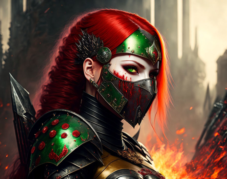 Fiery Red-Haired Warrior in Green Armor and Mask on Smoky Background
