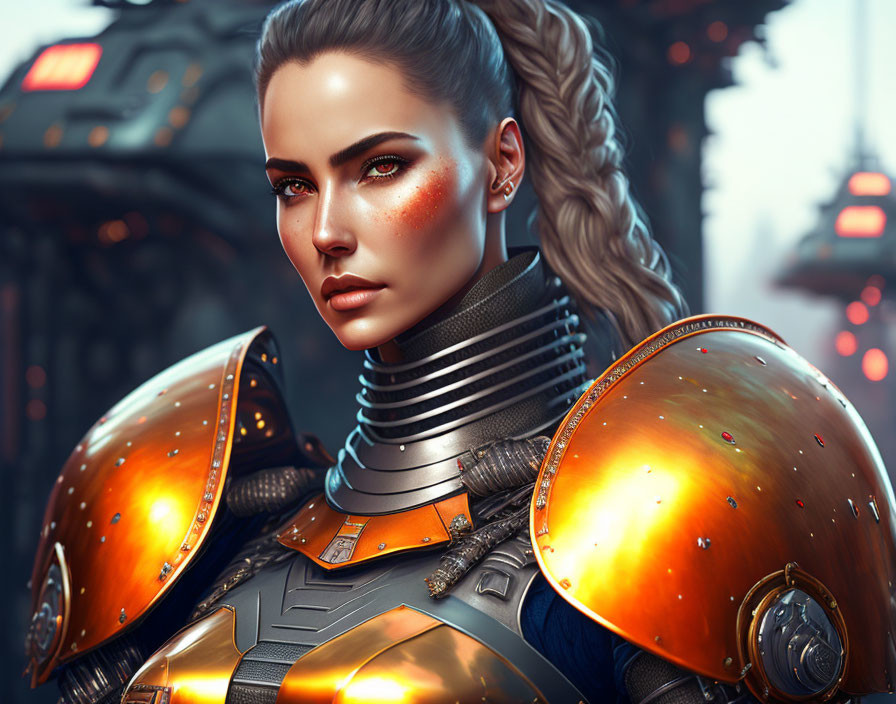 Futuristic armored woman with braided hair in digital art